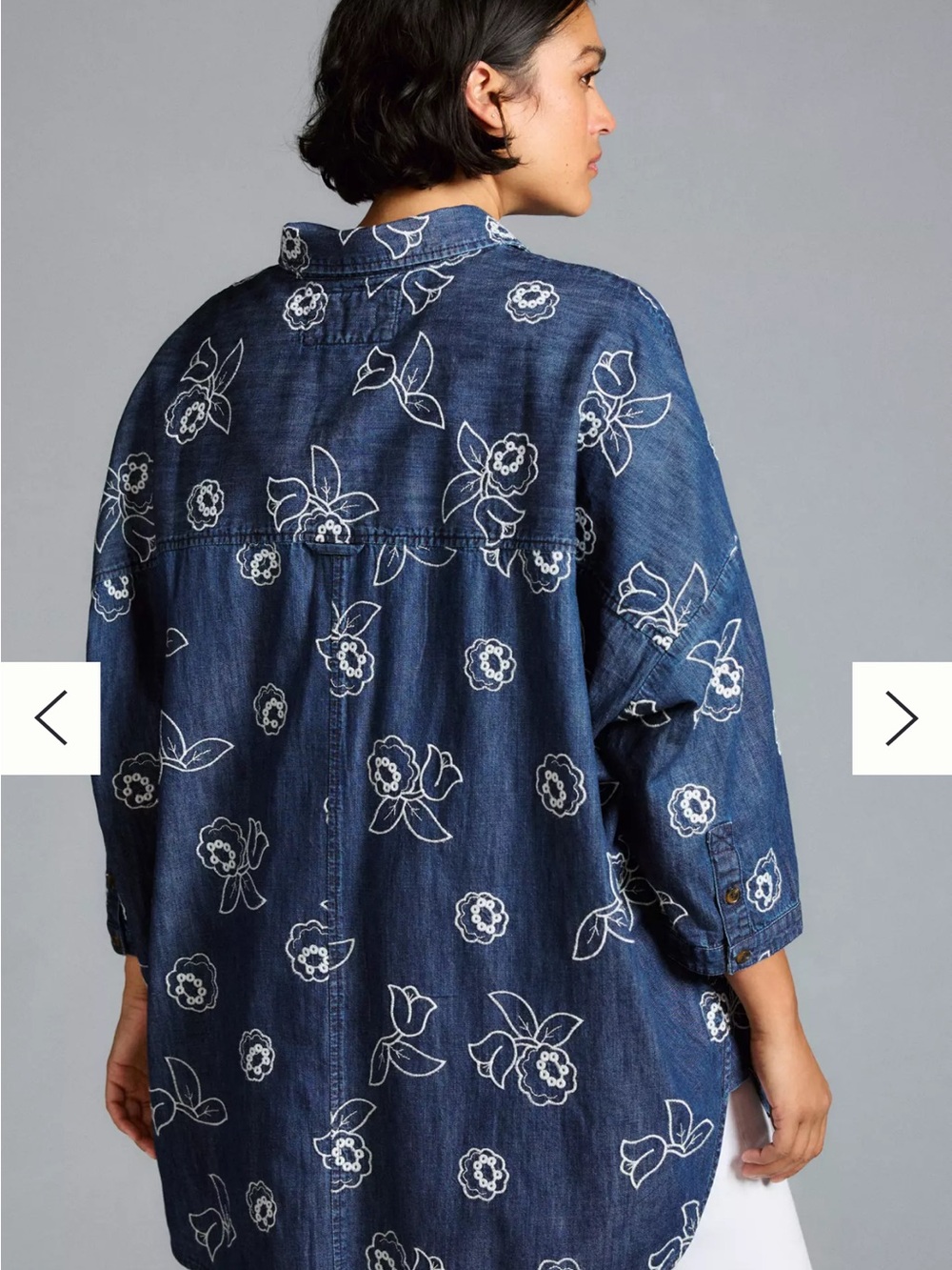 Maeve Anthropologie Blue Floral Embroidered Denim Button-Up Shirt OVERSIZED M-L - Picture 6 of 10
